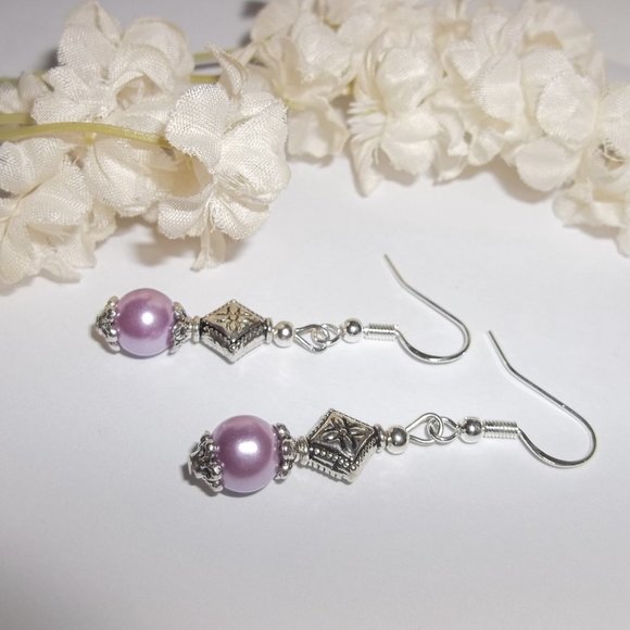 Silver and Purple Pearl Earrings Set Jewelry 6522 - Picture 4 of 9